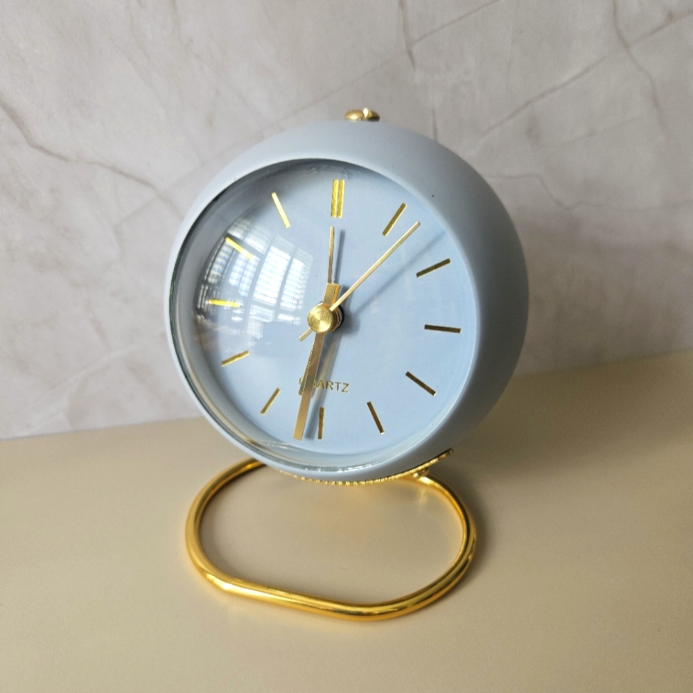 Gold and Blue/Grey Quartz Table Clock/Alarm